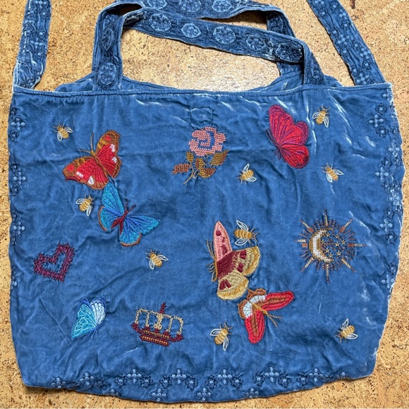 Johnny Was Aria Velvet Rayon Silk Floral Embroidered Tote Bag In Light Blue - Picture 6 of 16